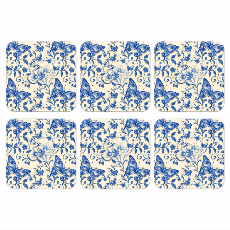 Vlinders - Bloemen - Blauw - Botanisch onderzetter kurk middel 366 -3d