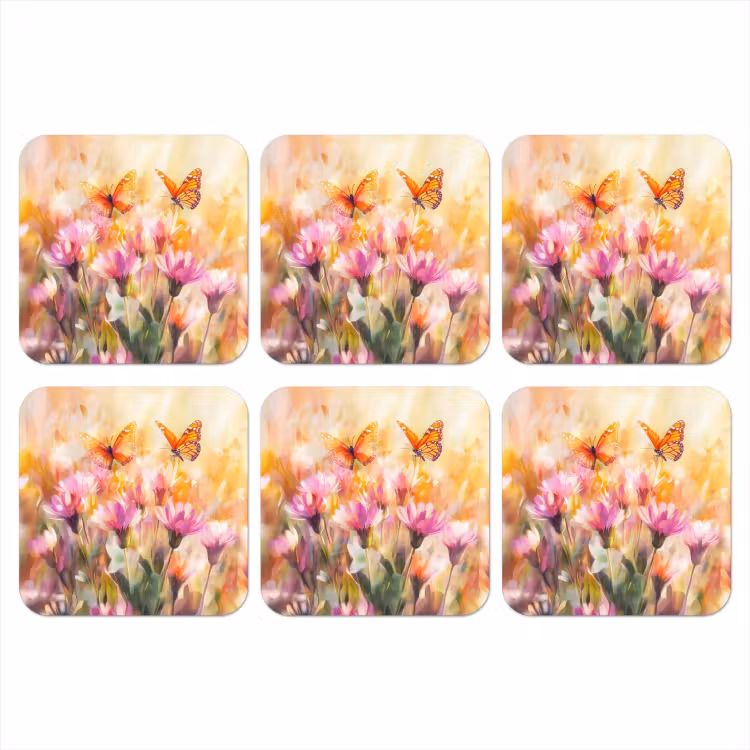 Vlinders - Oranje - Bloemen onderzetter kurk middel -3d