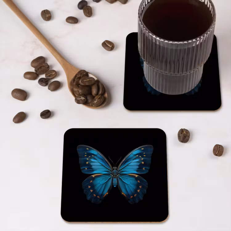 Vlinder - Blauw - Contrast onderzetter kurk middel -sfeer2