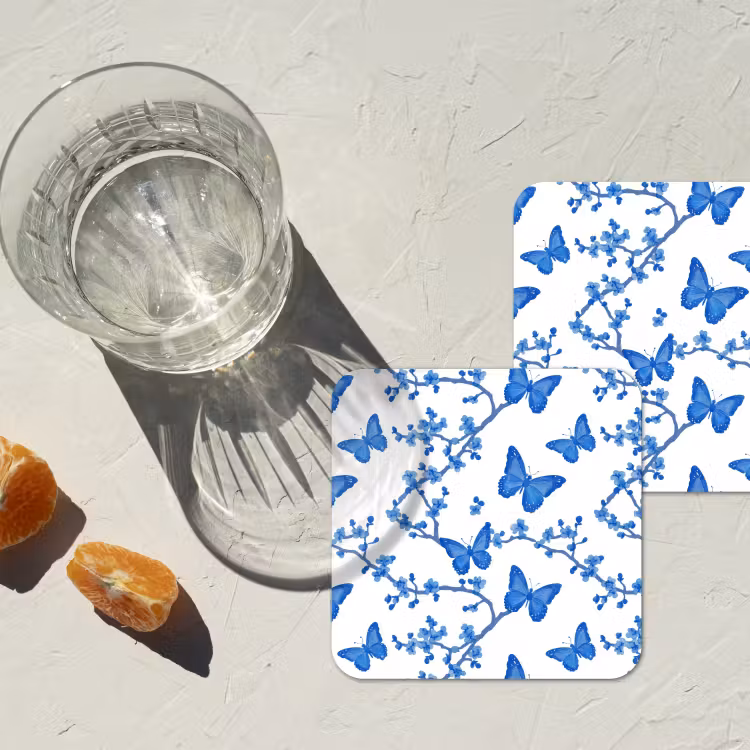 Vlinder - Bloemen - Blauw onderzetter kurk middel 366 -sfeer4