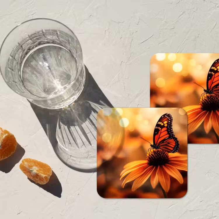 Vlinder - Bloemen - Oranje onderzetter kurk middel -sfeer4