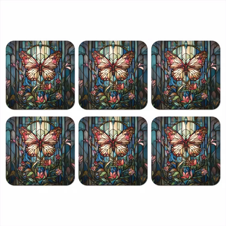 Vlinder - Roze - Bloemen - Bladeren onderzetter kurk middel -3d