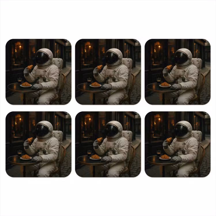 Café - Croissant - Koffie - Astronaut onderzetter kurk middel -3d