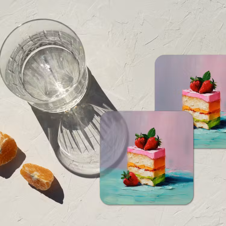Taartje - Aardbeien - Glazuur - Kleurrijk onderzetter kurk middel -sfeer4