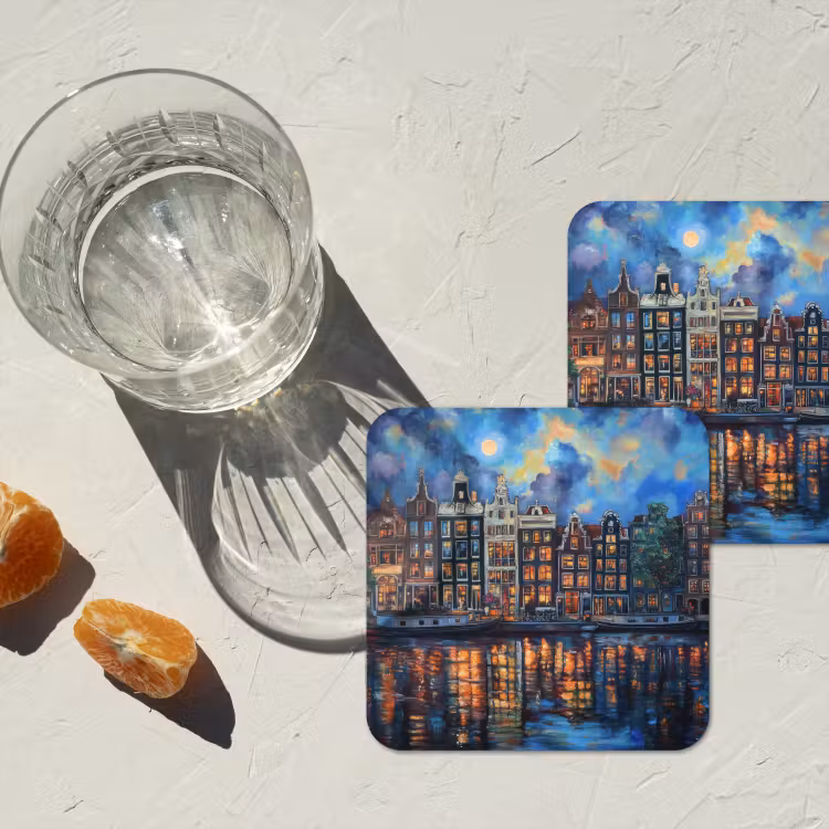 Grachten Amsterdam - Huizen - Stad - Kleurrijk onderzetter kurk middel -sfeer4