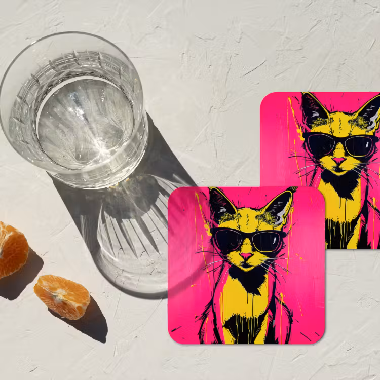 Kat - Art - Zonnebril - Roze onderzetter kurk middel -sfeer4