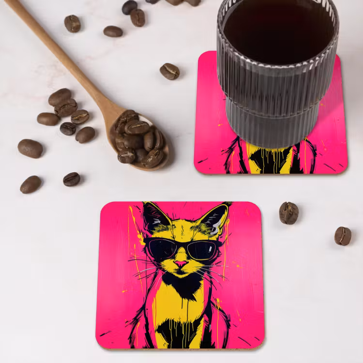 Kat - Art - Zonnebril - Roze onderzetter kurk middel -sfeer2