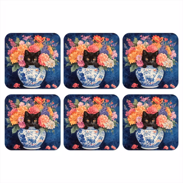 Kat - Felgekleurde bloemen - Vaas onderzetter kurk middel -3d