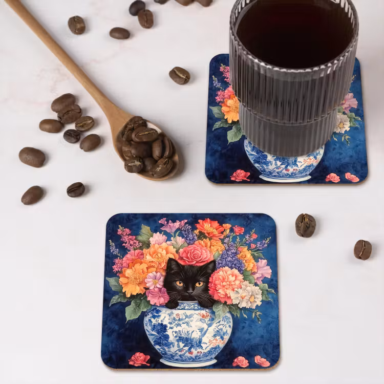 Kat - Felgekleurde bloemen - Vaas onderzetter kurk middel -sfeer2