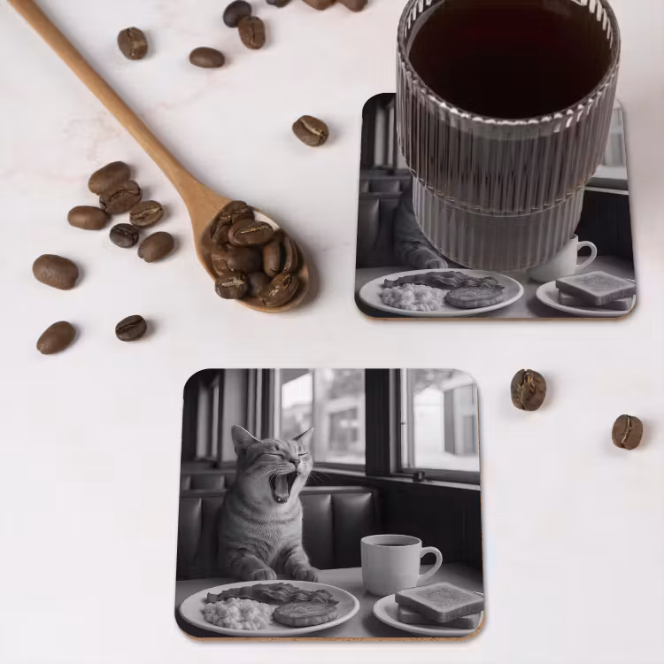 Kat - Koffie - Brood - Zwart onderzetter kurk middel -sfeer2