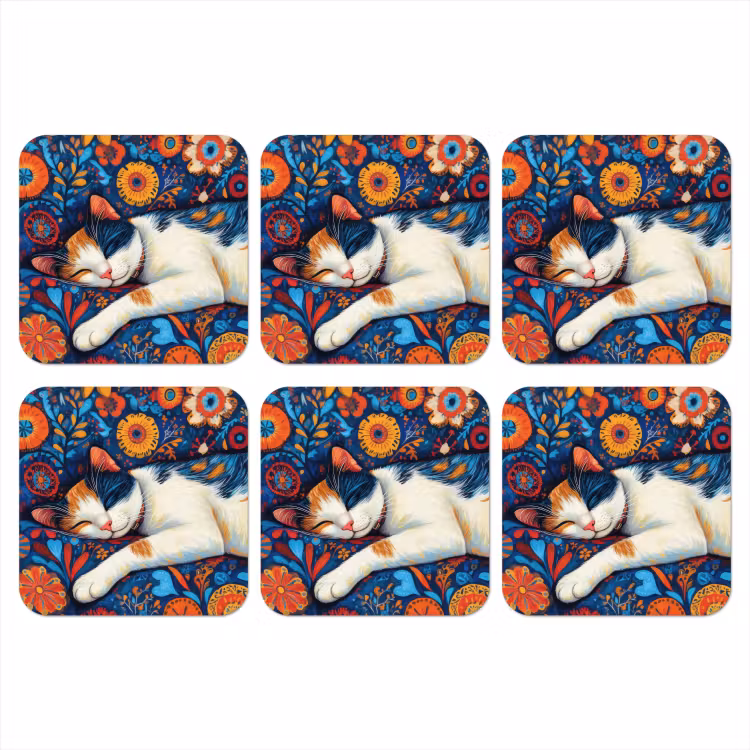 Kat - Bloemenpatroon - Blauw - Oranje onderzetter kurk middel -3d