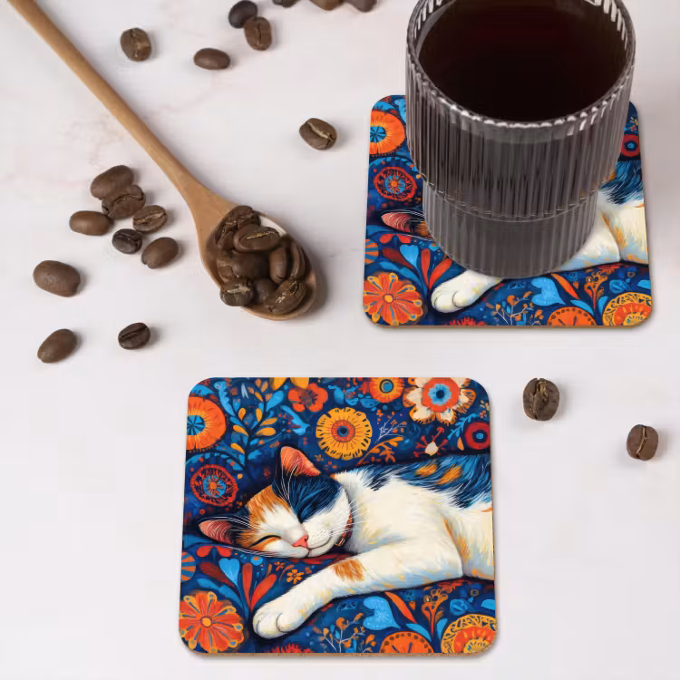 Kat - Bloemenpatroon - Blauw - Oranje onderzetter kurk middel -sfeer2
