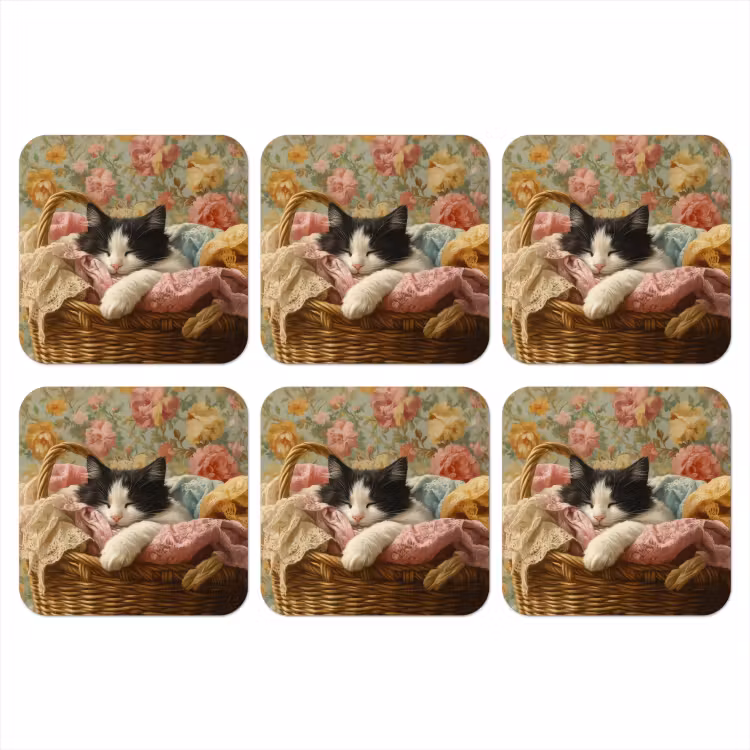 Kat - Bloemenprint - Rieten mand onderzetter kurk middel -3d