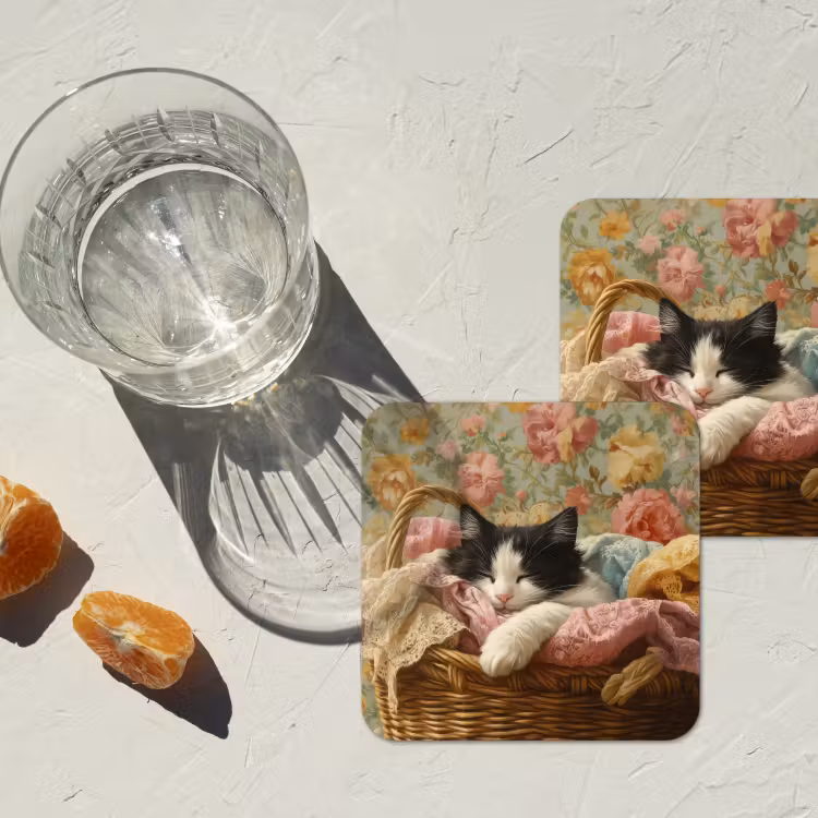Kat - Bloemenprint - Rieten mand onderzetter kurk middel -sfeer4