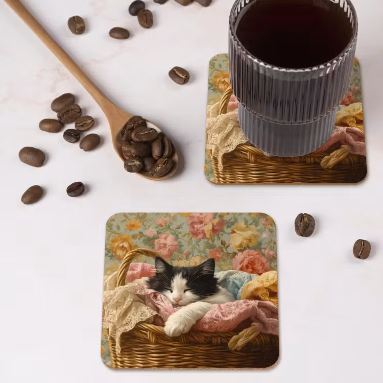 Kat - Bloemenprint - Rieten mand onderzetter kurk middel -sfeer2