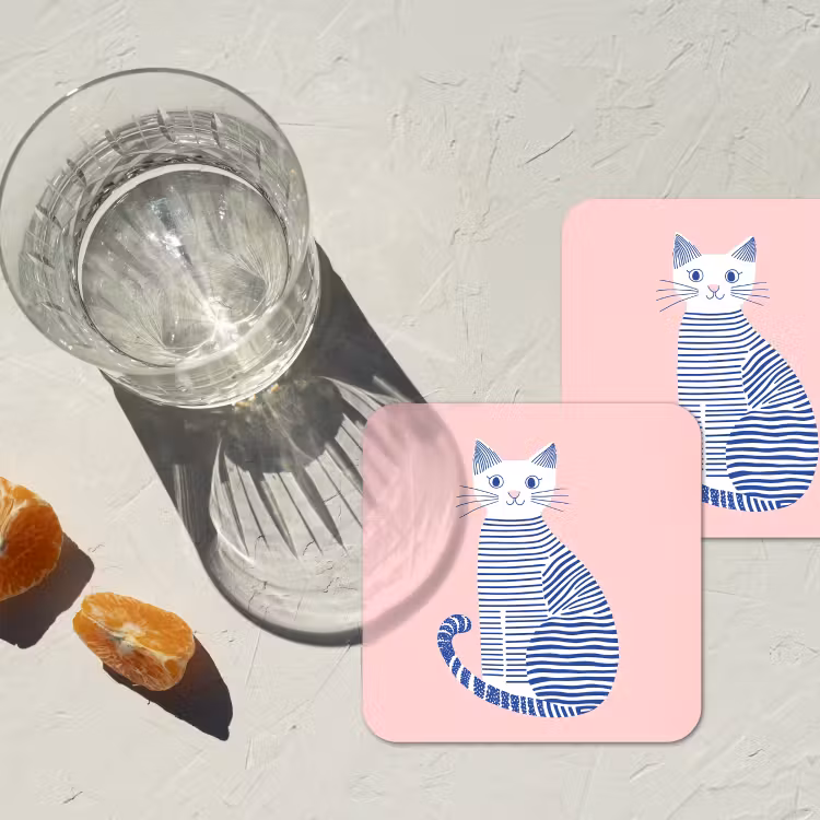 Kat - Illustratie - Minimalistisch - Roze onderzetter kurk middel -sfeer4