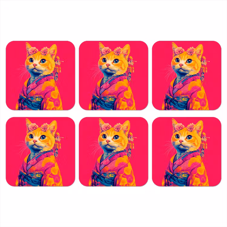 Kat - Kimono - Bloemen - Roze onderzetter kurk middel -3d