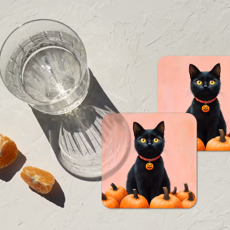 Kat - Pompoen - Roze onderzetter kurk middel -sfeer4