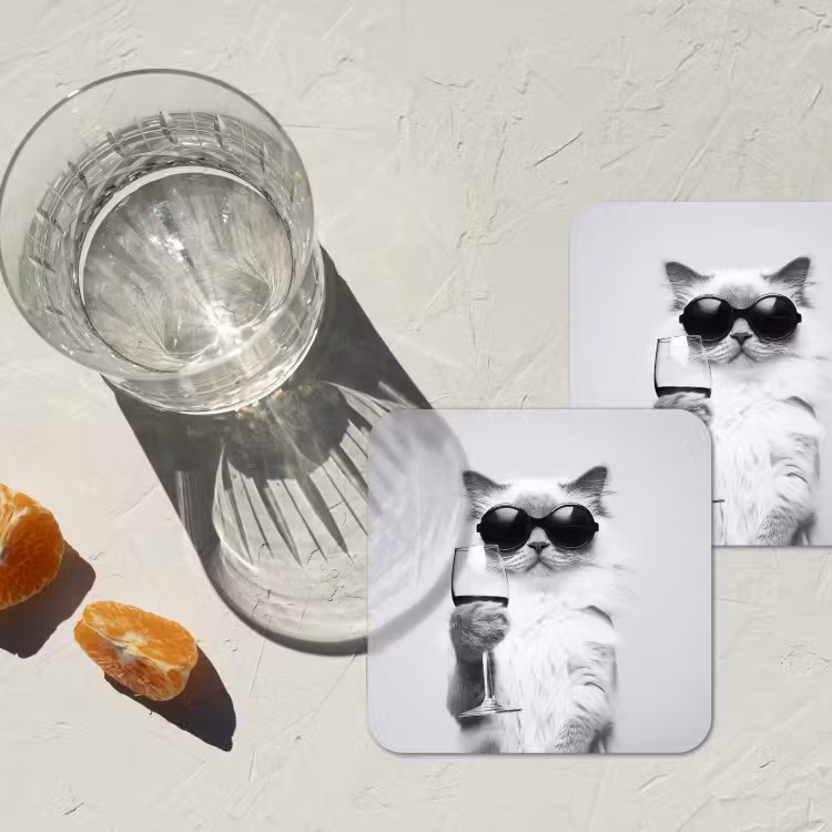 Kat - Zonnebril - Wijnglas - Langharig onderzetter kurk middel -sfeer4