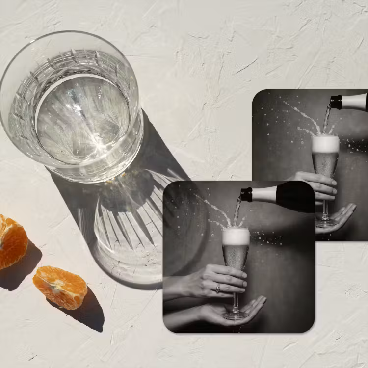 Champagnefles - Glas - Minimalistisch - Spetters onderzetter kurk middel -sfeer4