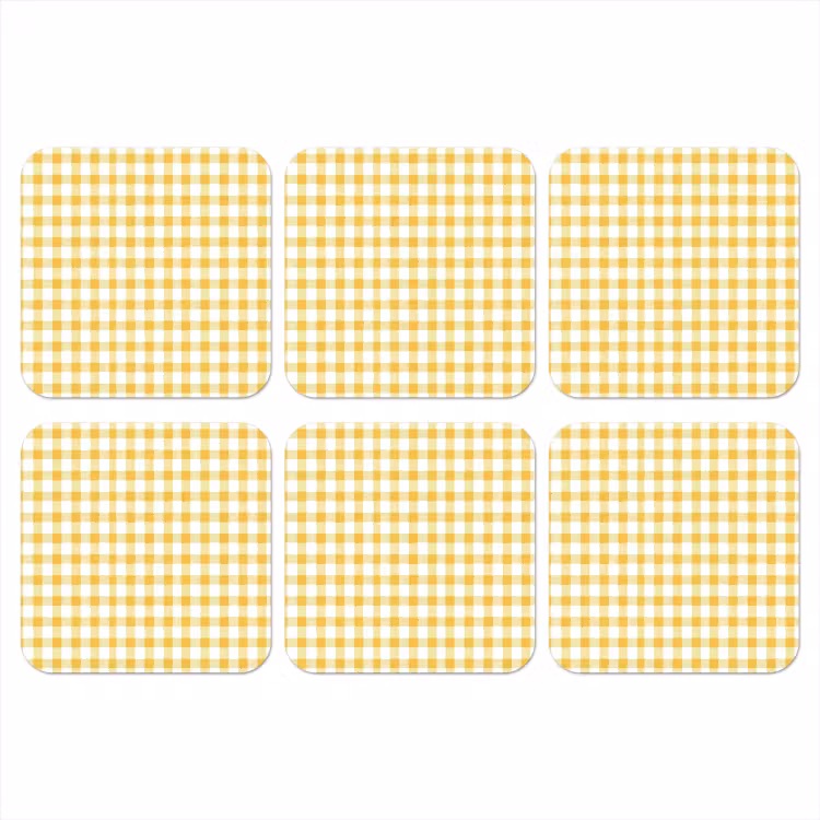 Ruit - Gingham - Klassiek - Geel en Wit onderzetter kurk middel 366 -3d