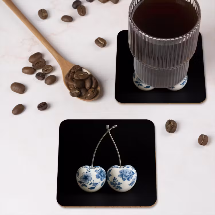 Kersen - Delfts blauw - Fruit onderzetter kurk middel -sfeer2
