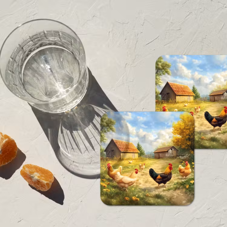 Kippen - Landelijke rust - Natuur onderzetter kurk middel -sfeer4