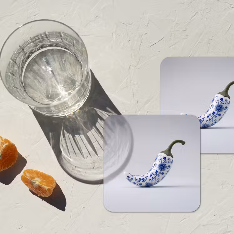 Chilipeper - Keramiek - Blauw onderzetter kurk middel -sfeer4