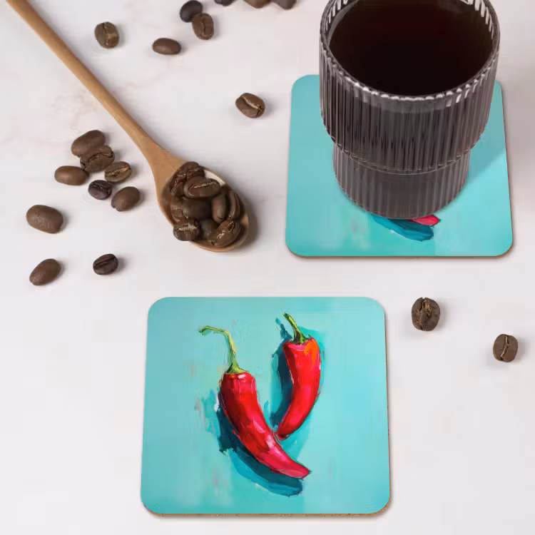 Chilipepers - Geverfd - Rood onderzetter kurk middel -sfeer2