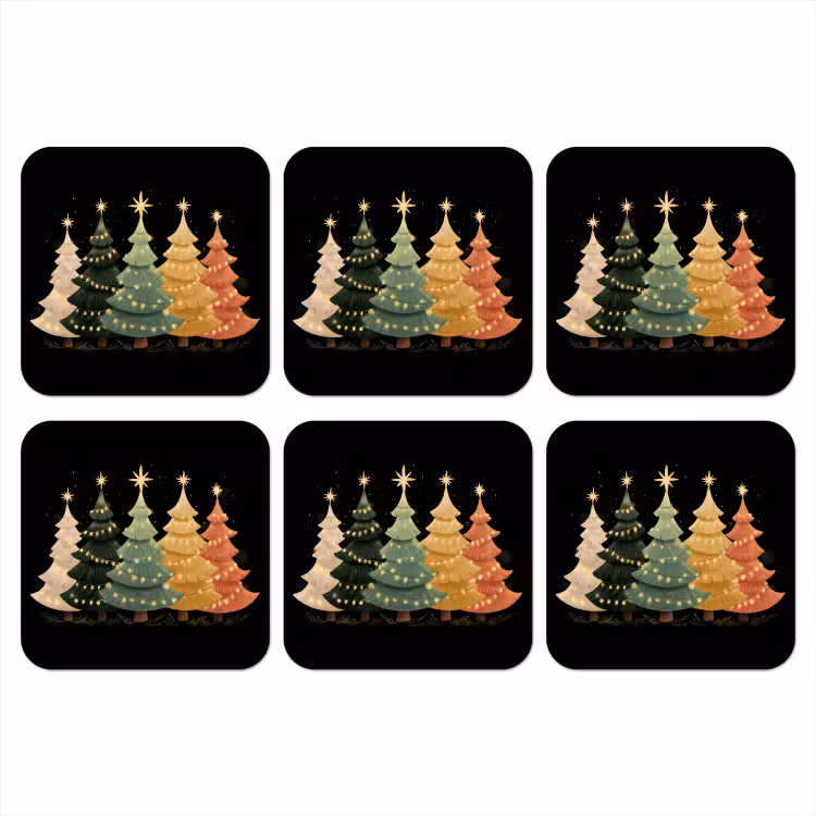 Kerstbomen - Kleurrijk - Lichtjes - Ster onderzetter kurk middel -3d