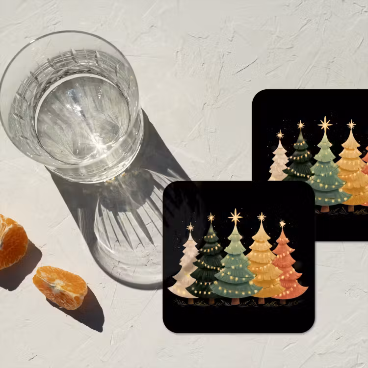Kerstbomen - Kleurrijk - Lichtjes - Ster onderzetter kurk middel -sfeer4