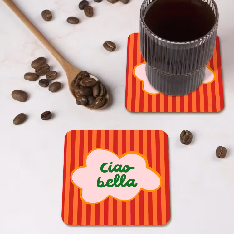 Ciao bella - Tekstwolk - Strepen - Oranje onderzetter kurk middel -sfeer2