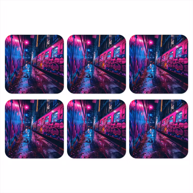 Stad - Neon - Nacht - Roze - Graffiti onderzetter kurk middel -3d