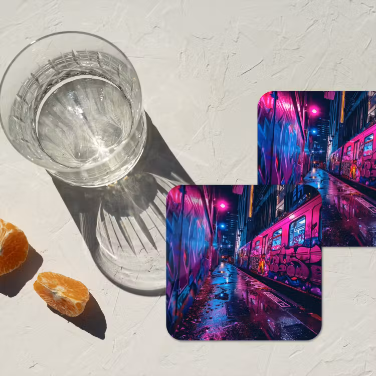 Stad - Neon - Nacht - Roze - Graffiti onderzetter kurk middel -sfeer4