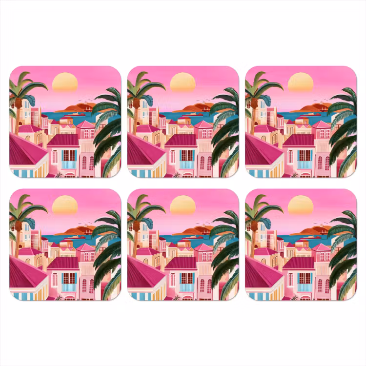 Stad - Roze - Palmbomen onderzetter kurk middel -3d