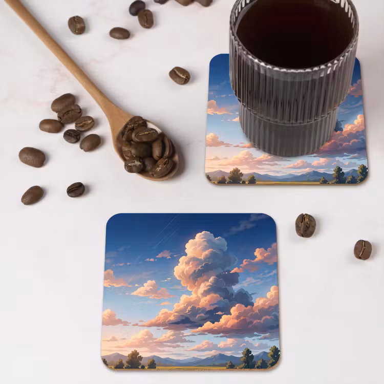 Wolken - Daghemel - Natuur - Illustratie - Oranje onderzetter kurk middel -sfeer2