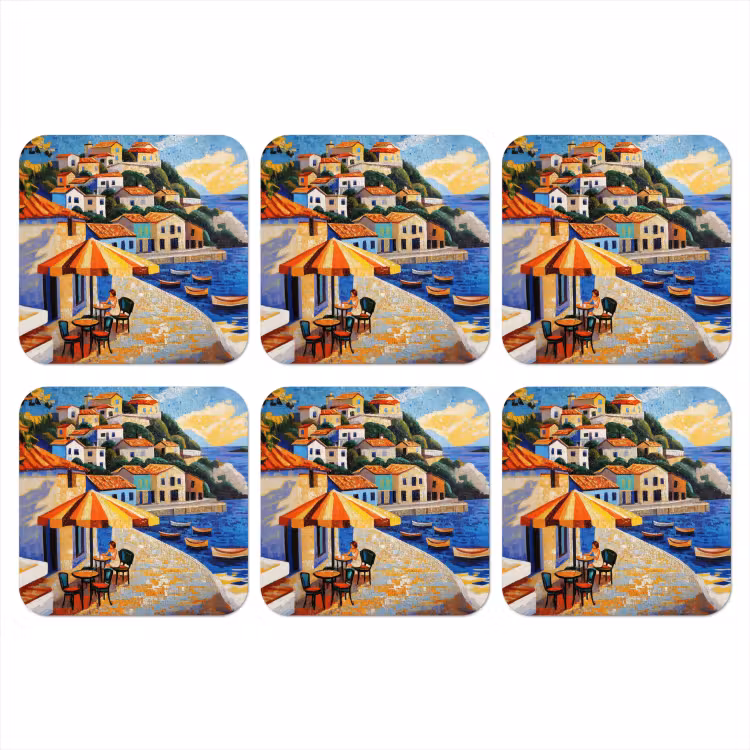 Kustdorp - Huisjes - Mozaïek - Zee onderzetter kurk middel -3d