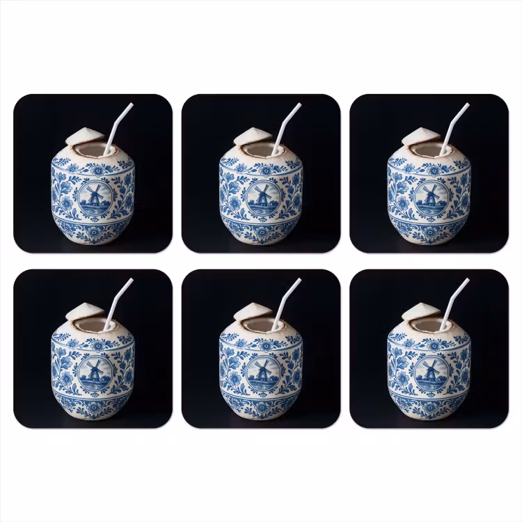 Kokosnoot - Eten - Delfts blauw - Drinken onderzetter kurk middel -3d
