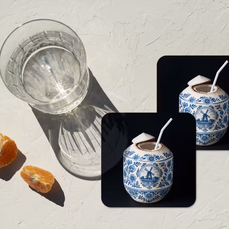 Kokosnoot - Eten - Delfts blauw - Drinken onderzetter kurk middel -sfeer4