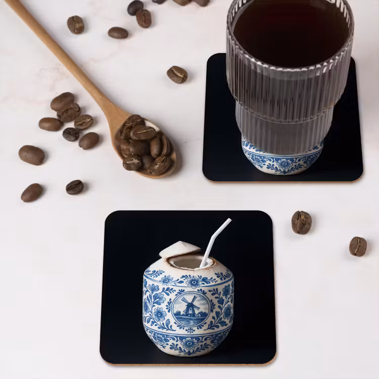 Kokosnoot - Eten - Delfts blauw - Drinken onderzetter kurk middel -sfeer2