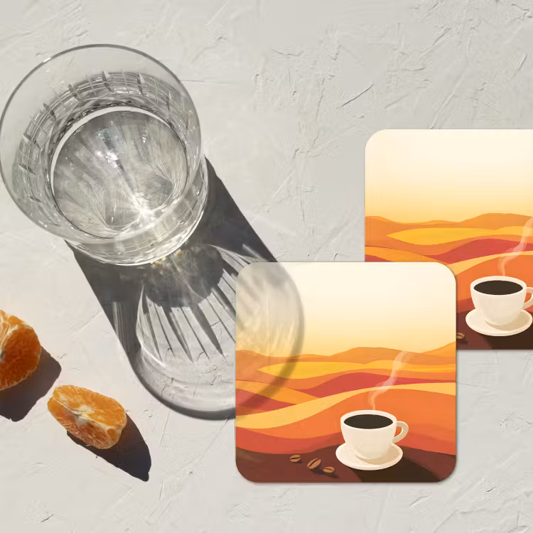 Koffie - Landschap - Oranje - Koffiebonen onderzetter kurk middel -sfeer4