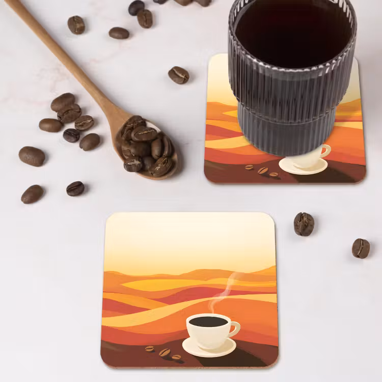 Koffie - Landschap - Oranje - Koffiebonen onderzetter kurk middel -sfeer2