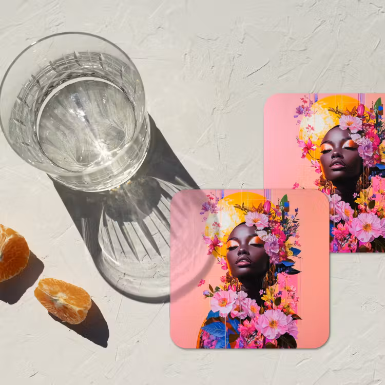 Kleurrijk - Bloemen - Vrouw - Zon onderzetter kurk middel -sfeer4