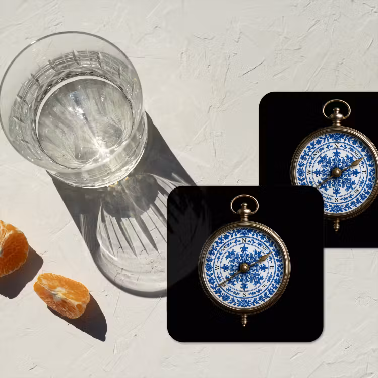 Kompas - Delfts blauw - Zwart onderzetter kurk middel -sfeer4