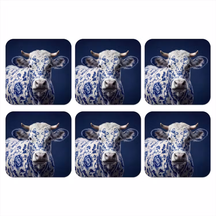 Koe - Delfts - Blauw - Artistiek onderzetter kurk middel -3d
