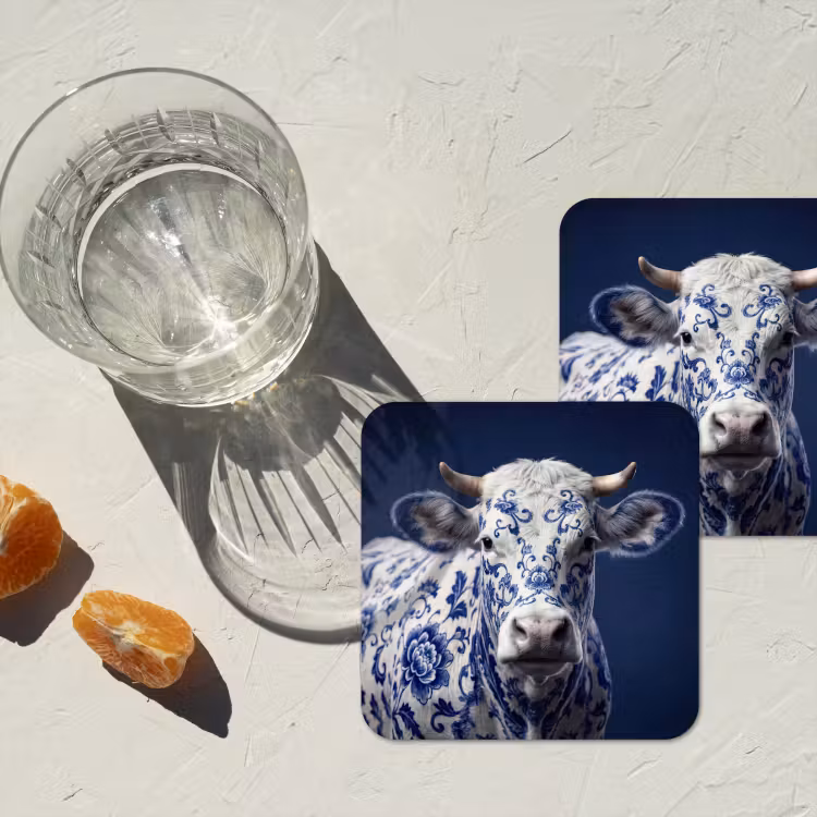 Koe - Delfts - Blauw - Artistiek onderzetter kurk middel -sfeer4