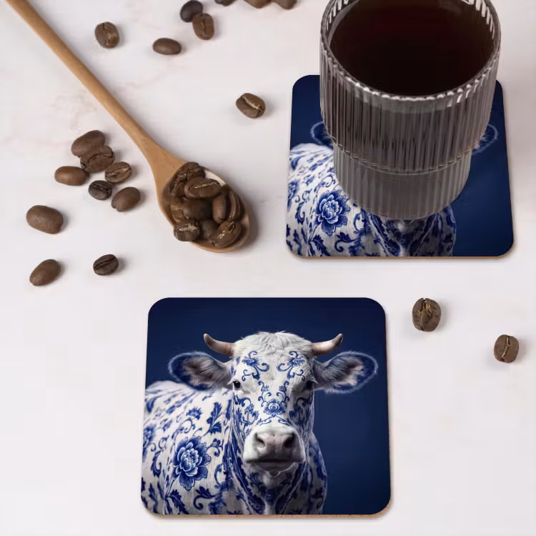 Koe - Delfts - Blauw - Artistiek onderzetter kurk middel -sfeer2