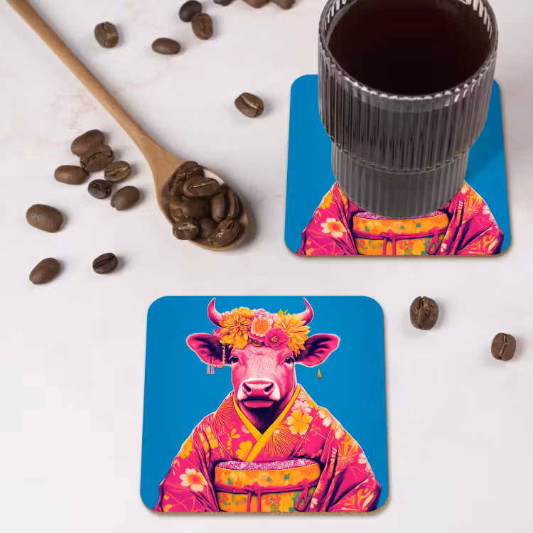 Koe - Bloemenkrans - Oorhangers - Kimono onderzetter kurk middel -sfeer2