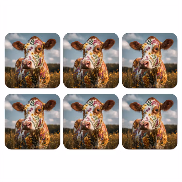 Koe - Bloemen - Weiland onderzetter kurk middel -3d