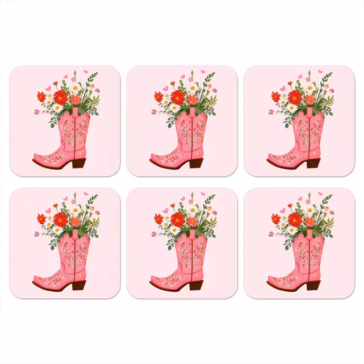 Cowboylaarzen - Roze - Boeket - Bloemen onderzetter kurk middel -3d